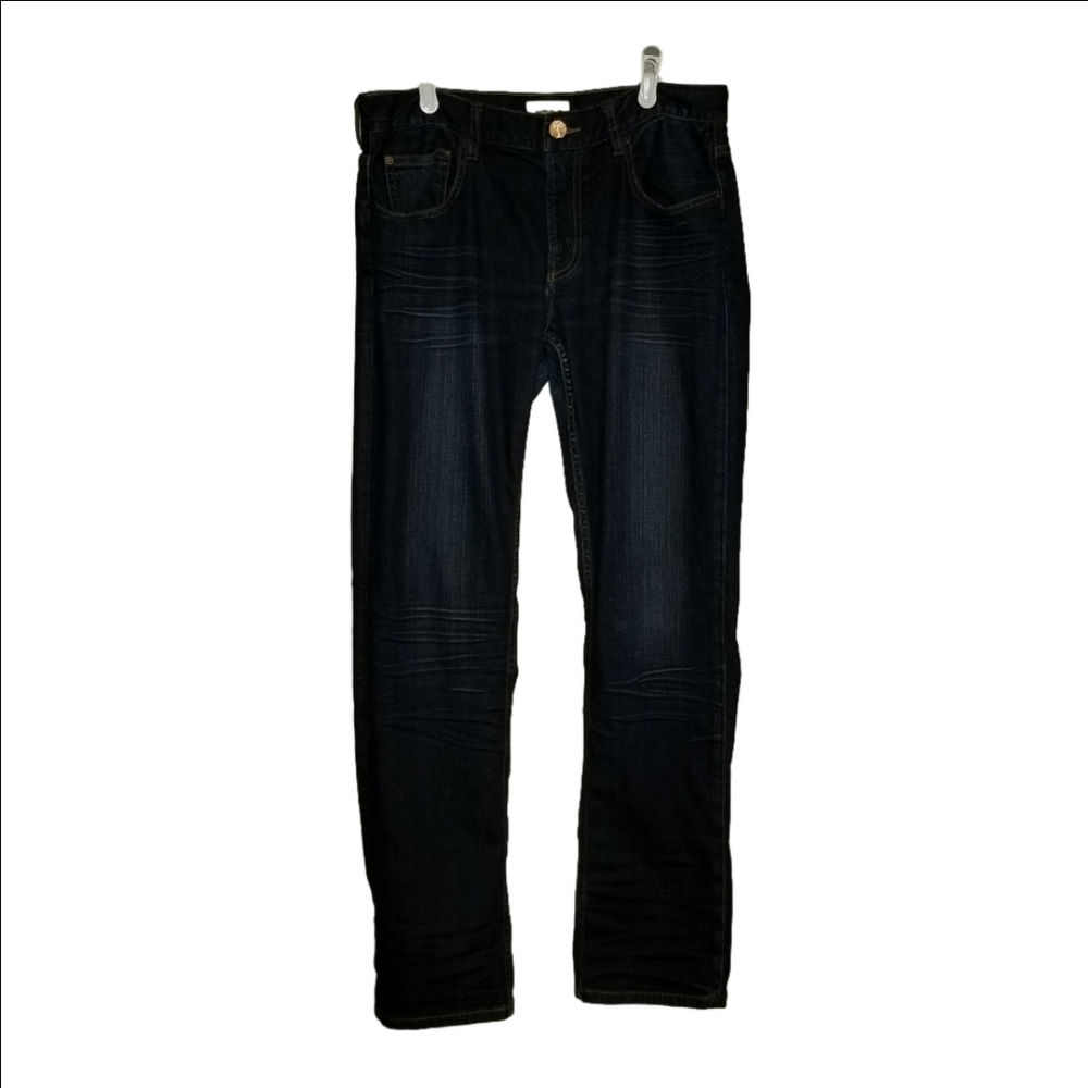 Bootlegger Mens Dark Wash Whiskered Blue Jeans Slim Straight Label Size 33x34